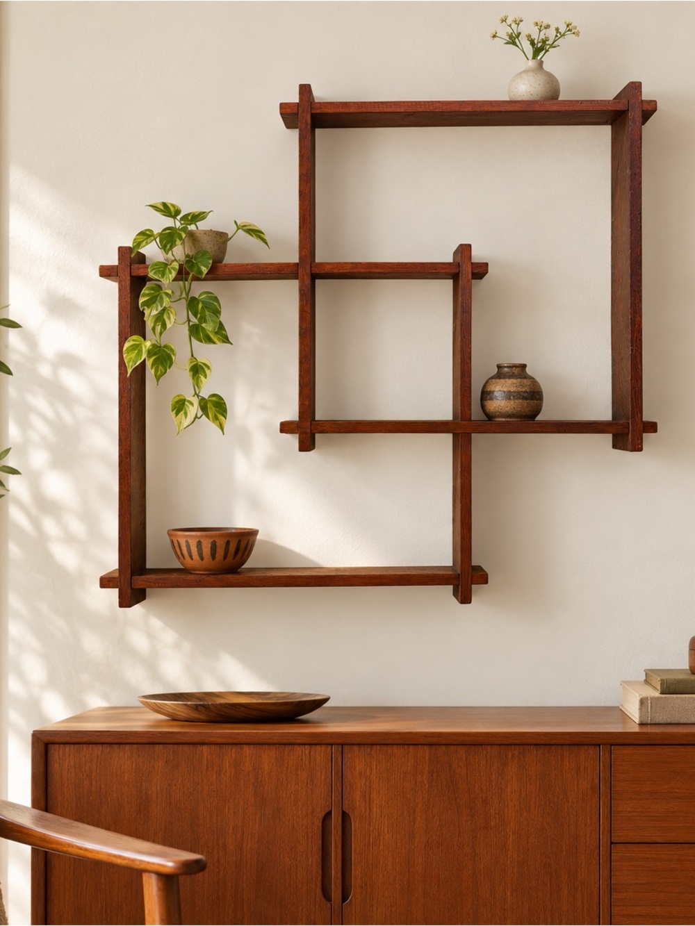 Vintage Style Geometric Wood Wall Shelf Asymmetrical Curio Display